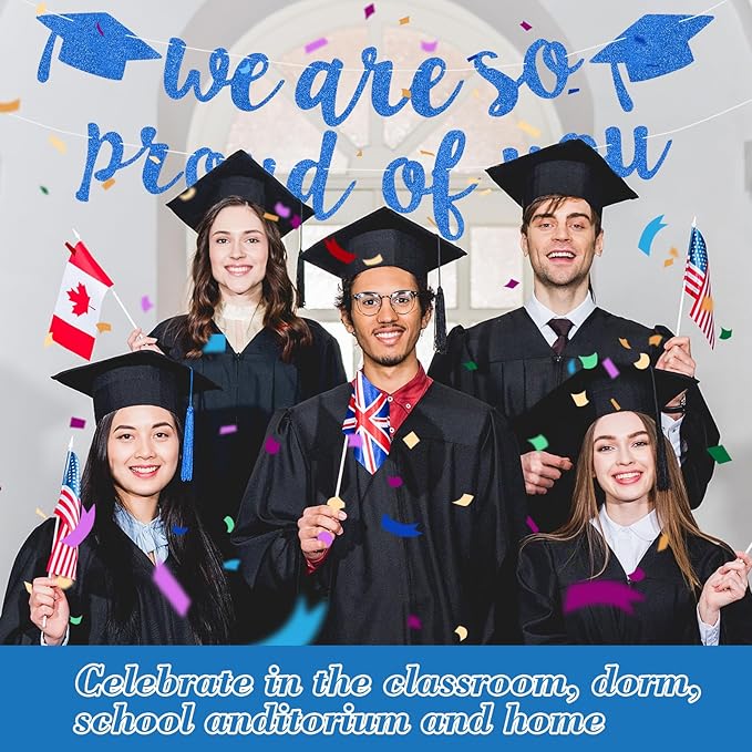 2026 Graduation Decorations Pre-Strung Blingbling We Are So Proud of You Banner Glitter Graduation Garland for Class of 2026 High School College Grad Party (Blue)