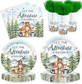 120pcs Let The Adventure Begin Party Supplies Baby Shower Plates Napkins Tableware Set Disposable Cups Green Forks Adventure Party Supplies for 24 Guests