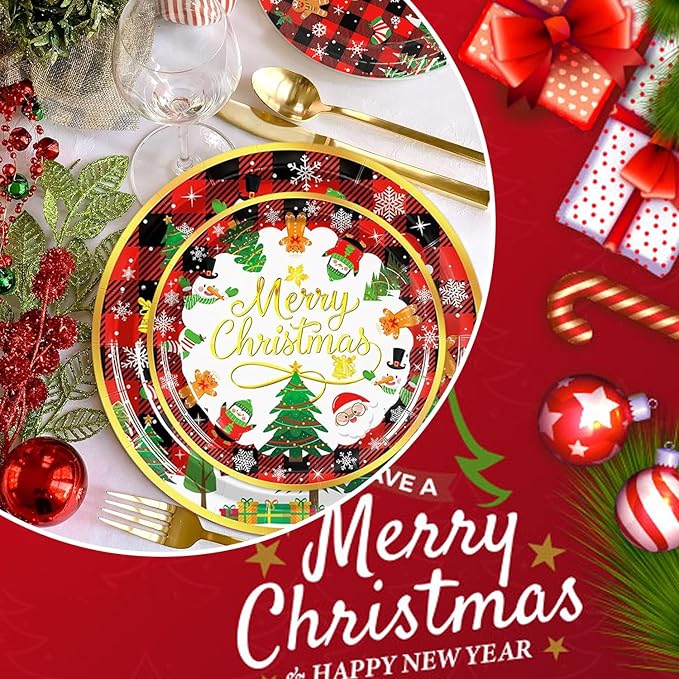 Christmas Party Decorations Supplies - 175 PCS Merry Christmas Red Plaid Disposable Dinnerware Set Xmas Paper Plates and Napkins Sets with Cups Fork Spoon for Holiday Party Supplies, Serve 25