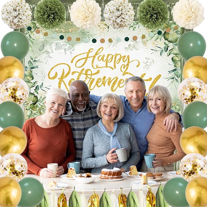 Sage Green Retirement Party Decorations - Happy Retirement Banner, Foil Curtains, Backdrop, Tissue Paper Pom Poms, Latex and Confetti Balloons
