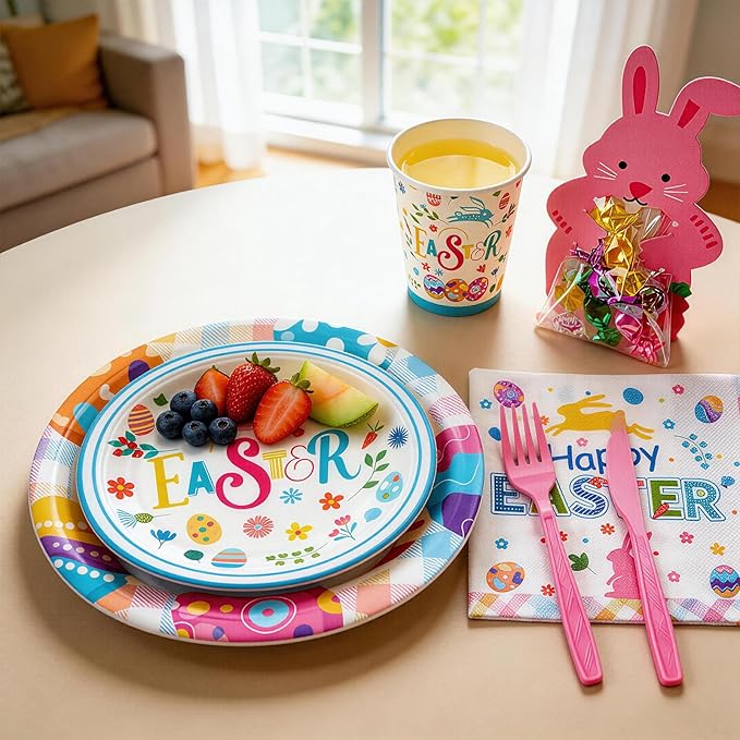 Mostop 80 Pcs Easter Tableware Set Party Supplies for 10 Guests Disposable Paper Plates, Cups, Napkins Forks Set Decorations for Easter Party Spring Holiday Picnics