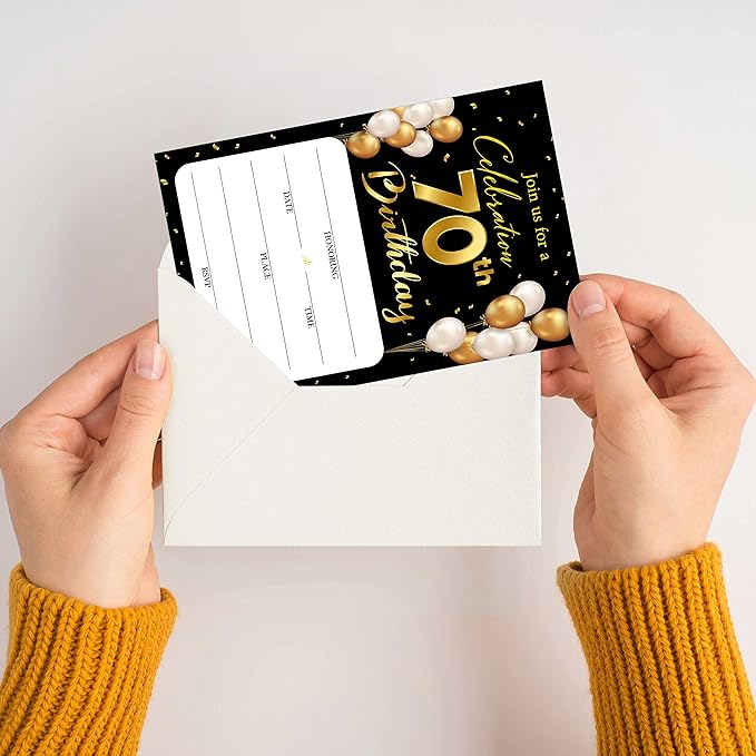 70th Birthday Invitation Cards with Envelopes - Classic Gold Theme Fill in The Blank Birthday Party Invite Cards, for Man, Woman Entertain Banquet Party Supplies, 20 Invites With Envelopes - B18