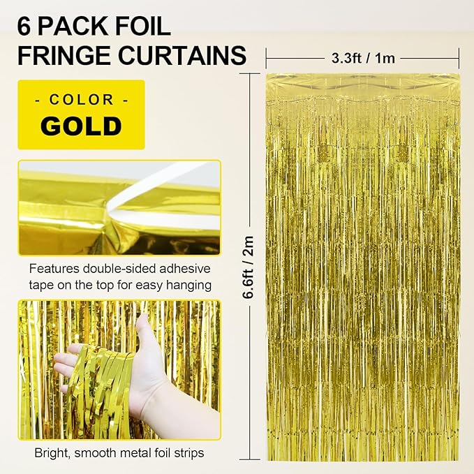 Homiest 6 Pack Gold Tinsel Backdrop, 3.3x6.6 FT Metallic Tinsel Foil Fringe Curtains Party Decorations, Birthday Door Streamers for Baby Shower Wedding, Photo Booth Props Background Wall Decor