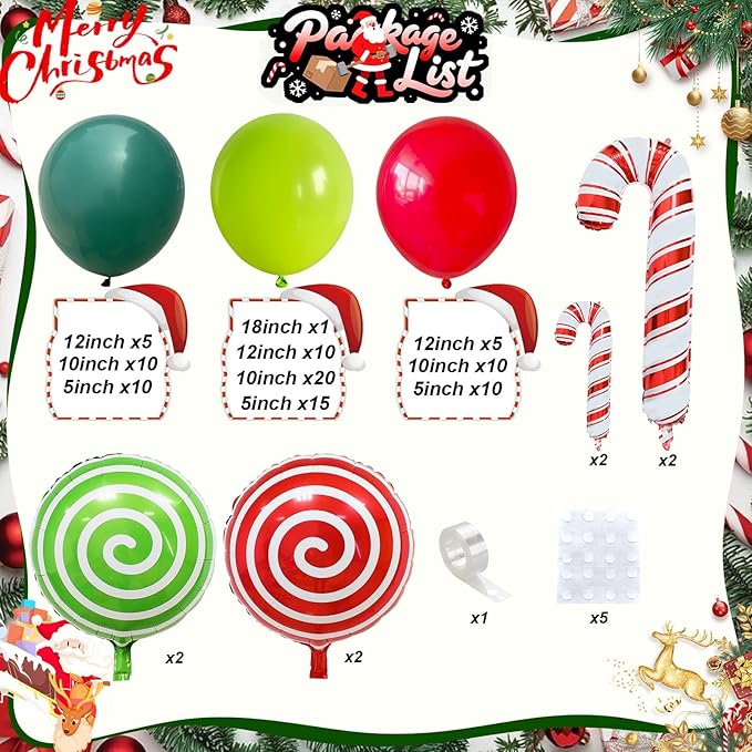 Christmas Balloon Arch, Red Green Xmas Balloon Garland Kit with Foil Candy Cane Lollipop Swirl Candy Balloons, Red Dark Lime Green Balloons for Merry Christmas Party New Year Holiday Birthday Decor