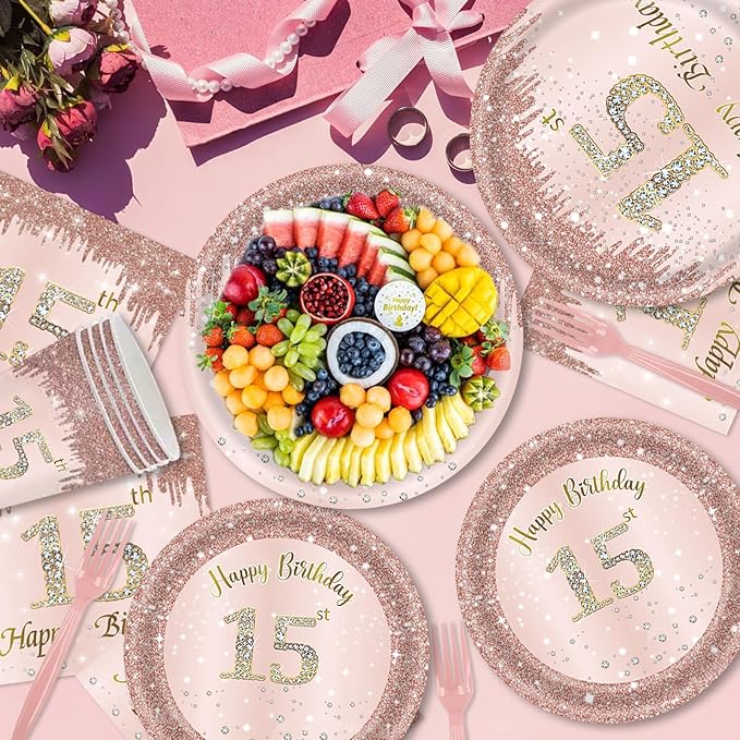 121Pcs 15th Birthday Party Supplies Plates Napkins Cups Forks Tablecloth Rose Gold Happy 15th Birthday Themed Disposable Tableware Decorations Serves 24 Guests for Girls 15 Years Birthday Decor