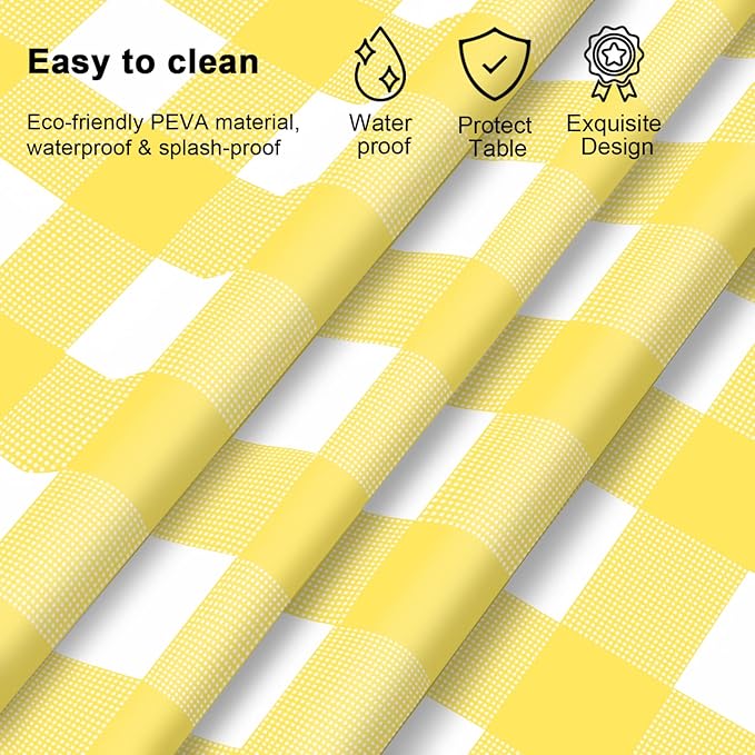 4 Pcs Yellow Checkered Tablecloth 54 ×108 Inches Rectangle Yellow Gingham Tablecover Disposable Plastic Waterproof Table Cover for Outdoor Picnic, Kitchen, Holiday Birthday Party