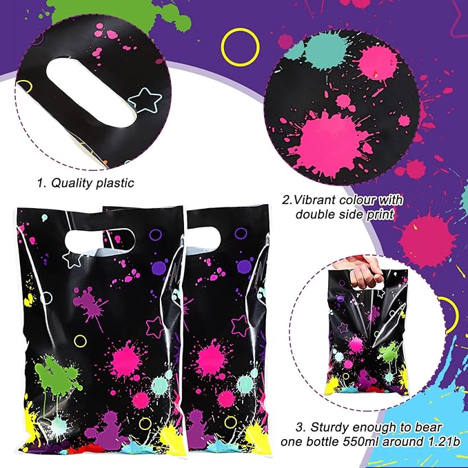 Pajean 50 Pcs Neon Candy Goodie Bags Let's Glow in The Dark Party Supplies Plastic Colorful Treat Bags Neon Gift Wrap Decor with Die Cut Handles for Glow Birthday Party Decoration(Black)