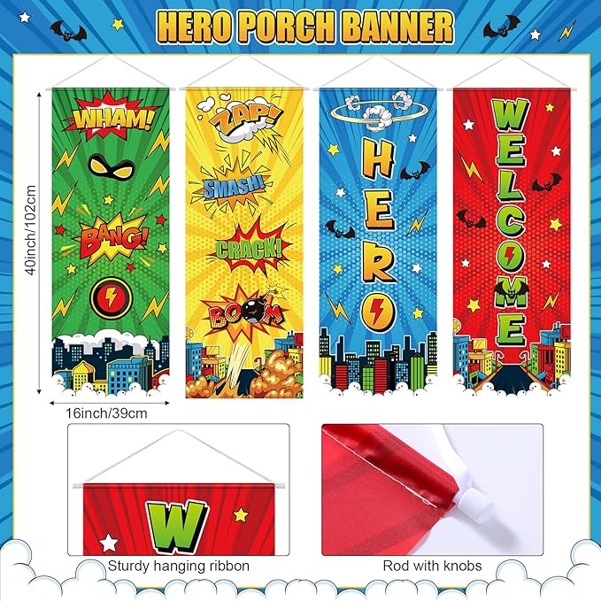 Panelee 4 Pcs Hero Theme Party Banners Hero Party Decorations City Comic Skyline Porch Sign Hanging Door Banner for Cityscape Birthday Backdrop Supplies