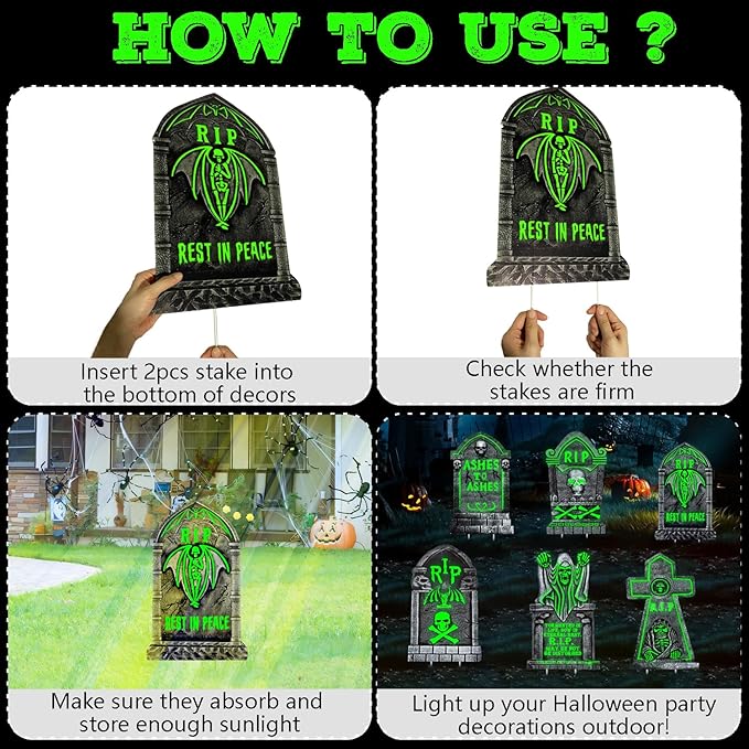 6 Pack Glowing in The Dark Halloween Tombstones Decoration for Graves, 16.5"x10" Large Outdoor Graveyard Decor Waterproof Plastic Grave Markers with 12 Stakes for Yard, Lawn Cemetery Displays