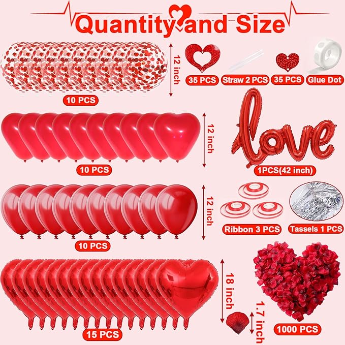 Fecedy Love and Heart-Shaped Aluminum Foil Balloon,Heart-Shaped and Round Latex balloons,Confetti Balloon,Fake Petals,Hanging Streamers for Valentines Bridal Shower Anniversary Engagement Decorations