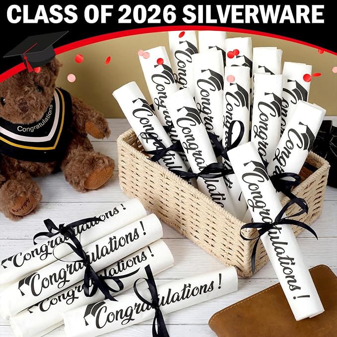 100 Set Graduation Congratulation Guest Napkins Black Rolled Silverware Disposable Grad Award Dinner Napkin with Ribbon and Scissors for Celebration