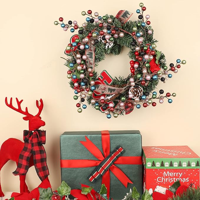 HOHOTIME 24 Pack Artificial Berry Stems Branches, Christmas Faux Holly Colorful Berries Branches Ornaments for Christmas Tree Wreath DIY Craft Decorations Holiday Home Decor(Colorful)
