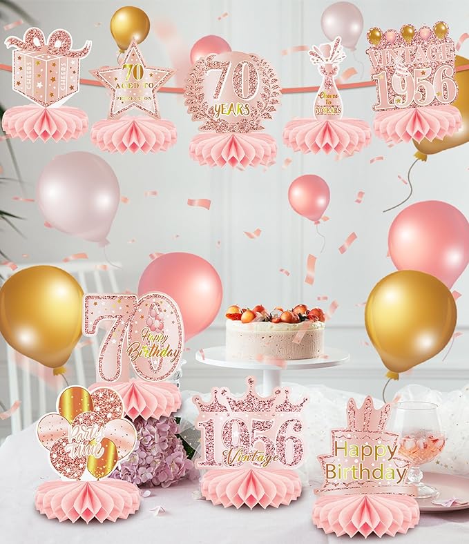 9 Pcs 70th Birthday Decoration for Women Happy 70th Birthday Table Honeycomb Decorations Rose Gold Pink Centerpieces Tables Toppers1956 Decor Cheers to 70 Years Old Birthday Party Favors
