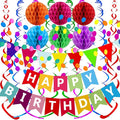 Fecedy Happy Birthday Banner With Colorful Paper Flag Bunting Paper Circle Confetti Garland Swirl Streamers Honeycomb ball for Birthday Party Decorations