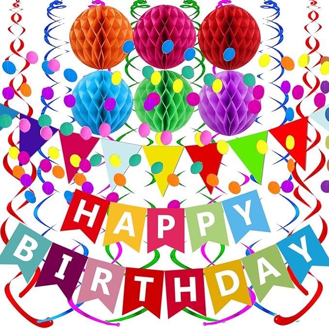 Fecedy Happy Birthday Banner With Colorful Paper Flag Bunting Paper Circle Confetti Garland Swirl Streamers Honeycomb ball for Birthday Party Decorations
