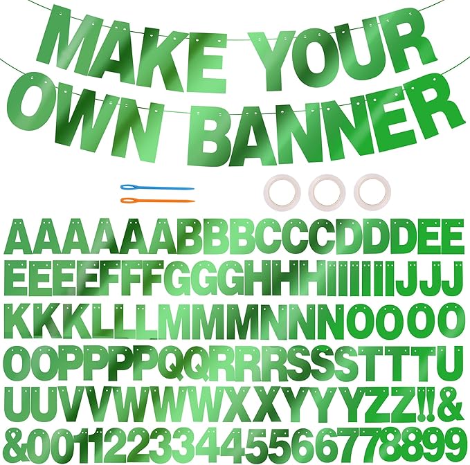 BEISHIDA 116 PCS A-Z DIY Letter Banner Kit Make Your Own Banner Double-Sided Green Including 111 Letters and Numbers 3 Rope and 9 Threading Device,Customized for Birthday Graduation Wedding Decor