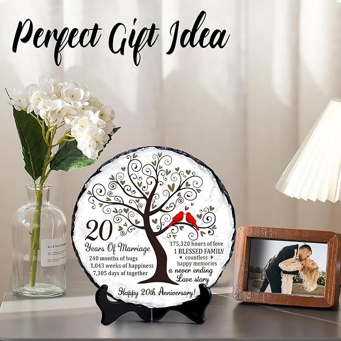 China Anniversary Slate Plate – 20th Anniversary Wedding Gifts for Couples, Husband, Wife or Parents – Elegant Slate Keepsake to Celebrate 20 Years of Marriage