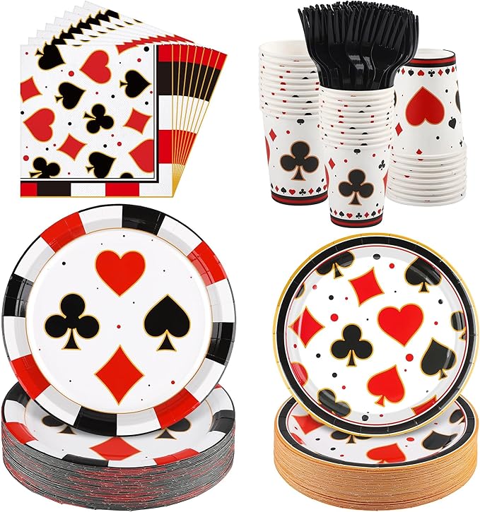 Kochorie 144 Pieces Casino Party Supplies Set, Las Vegas Tableware Sets Including Disposable Plates Napkins Cups Forks Serves 24 for Birthday Poker Events Casino Theme Party Decorations