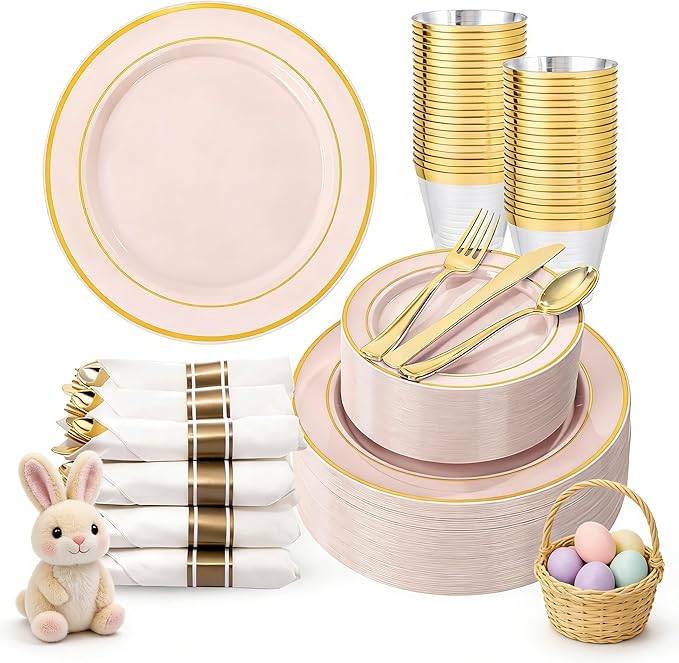 350PCS Pink Disposable Plates - Pink Plastic Plates 50Guests Plastic Dinnerware Sets with Rolled Napkins for Wedding/Birthday/Baby shower/Easter