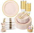 350PCS Pink Disposable Plates - Pink Plastic Plates 50Guests Plastic Dinnerware Sets with Rolled Napkins for Wedding/Birthday/Baby shower/Easter