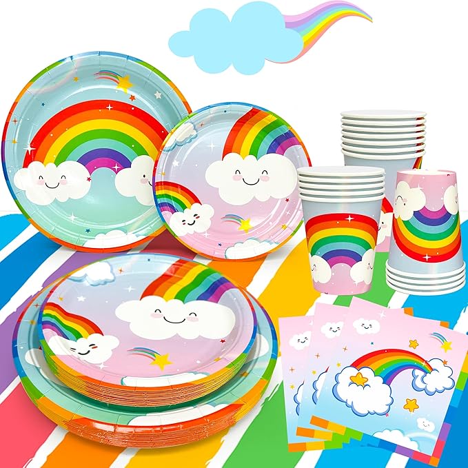 20 Guests Rainbow Birthday Party Tableware, Include Colorful Plates Cups Napkins Tablecloth etc Rainbow Birthday Party Decorations