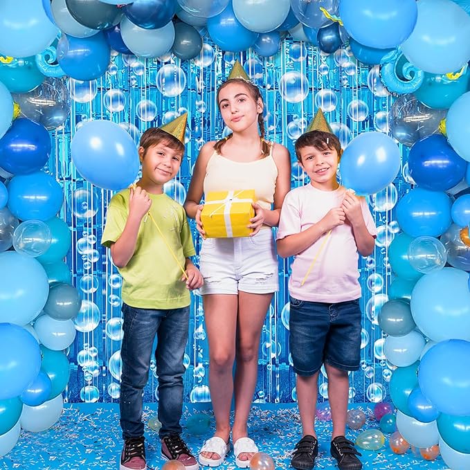 Under The Sea Party Decorations Ocean Balloon Garland Arch Kit, 135 PCS Blue Bubble Foil Fringe Curtains Backdrop Tinsel Streamer Photo Booth Props Mermaid Beach Themed Birthday Party Decor Supplies