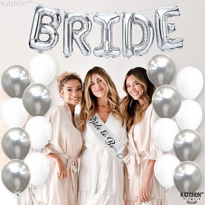 KatchOn, 27pcs Silver Bride Balloons Set - 16 Inch | Silver & White, for Bachelorette Party Decorations | Bridle Shower | Bride and Latex Balloons | bride Balloon Bachelorette