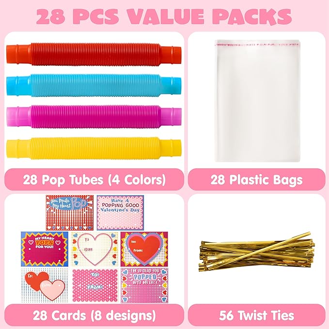 JOYIN 28 Packs Valentines Cards with Pop Tubes for Kids, Pop Tubes with Gift Cards Set, Stretchy Stress Relief Fidget Toys for Kids Classroom Valentine's Day Party Favors Classroom Gifts