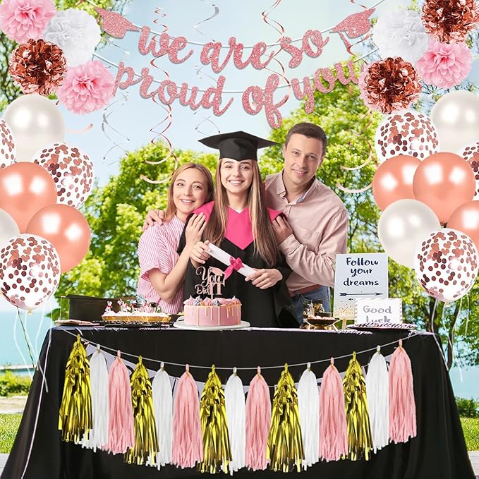 Graduation Decorations 2026 Pink Class of 2026 We Are So Proud of You Banner, Rose Gold 2026 Balloons for Pink Graduation Confetti Party Decorations