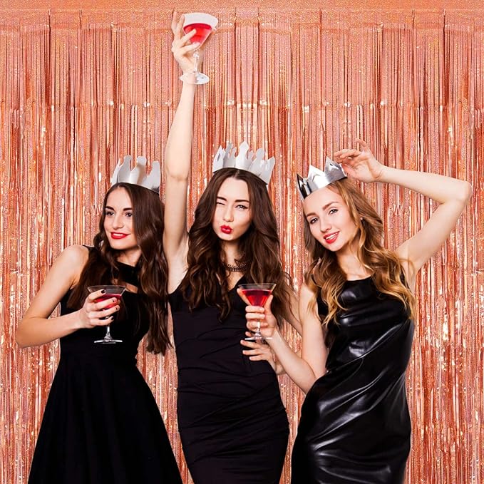 Tinsel Foil Fringe Curtain, 2 Pack Metallic Tinsel Curtain Backdrop for Party Decorations, Large Glitter Streamer Backdrop for Birthday Wedding Christmas Photo Booth (Rose Gold)