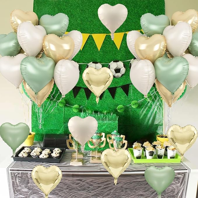 Sage Green Gold Heart Balloons, 12PCS Green Gold Heart Shaped Foil Balloons, 18Inch Green Cream White Heart Helium Foil Balloon for Jungle Woodland Birthday Wedding Baby Shower Party Decoraion