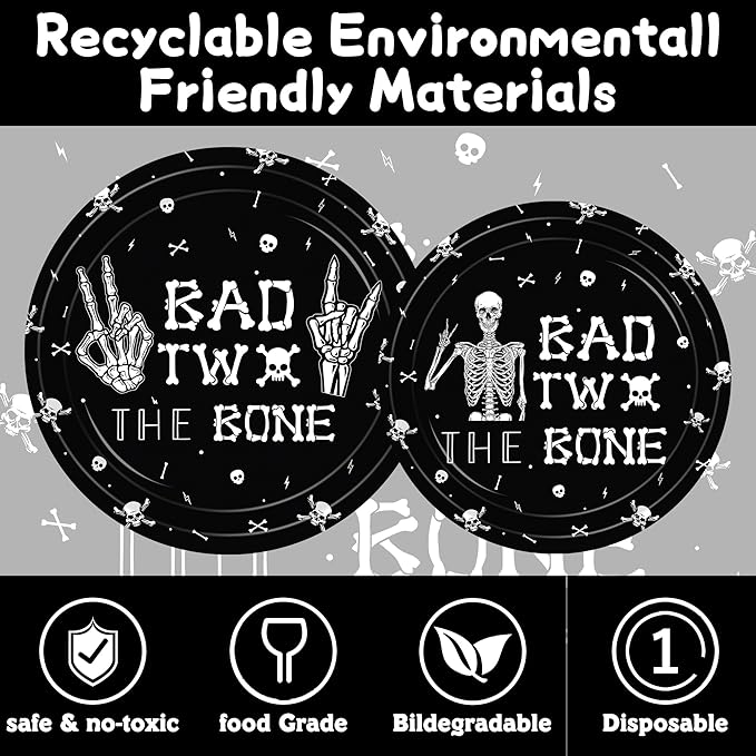 140PCS Bad Two The Bone Theme Party Decorations Boy Rock And Roll Birthday Tableware Include Plates,Napkins and Cups for Birthday Party Decorations