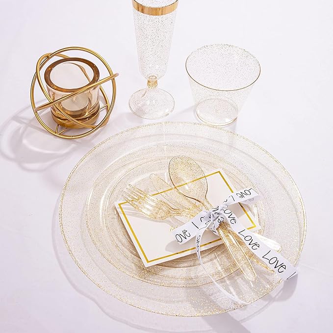 WDF 120PCS Gold Plastic Plates- Disposable Gold Glitter Plates, Premium Heavy Duty 60-10.25" Dinner Plate and 60-7.5" Salad Plate for Wedding Baby Shower Spring Birthday
