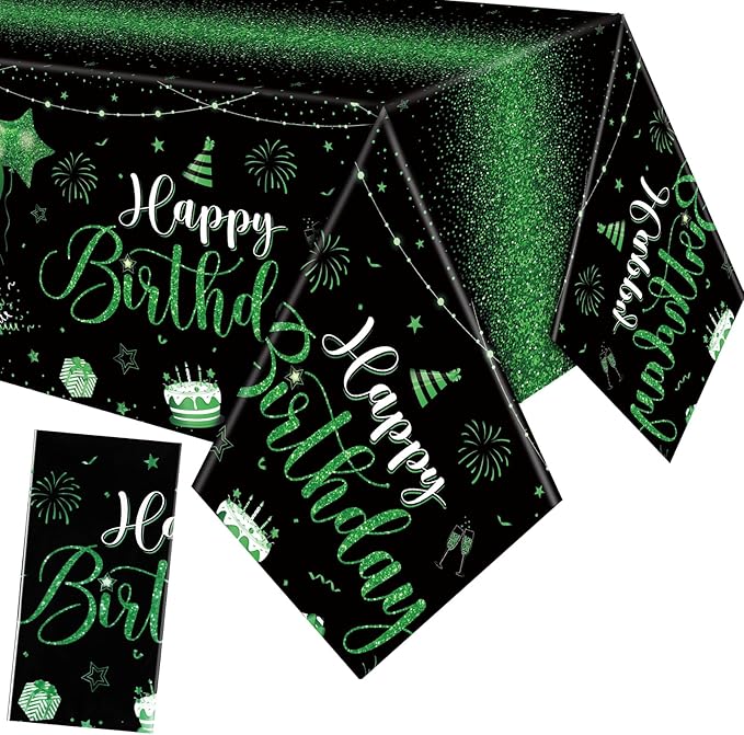 Tudomro 1 Pcs Happy Birthday Tablecloths Happy Birthday Party Decorations Plastic Table Cover Rectangular Cloths for Women Men Baby Shower Party Supplies, 108 x 54 Inch (Black Green)