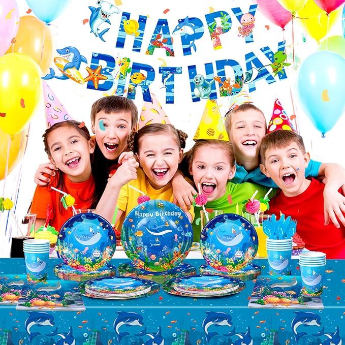 Under The Sea Party Supplies Serves 24, Ocean Sea Party Tablewear Set, Ocean Themed Party Decorations Plates Cups Napkins Tablecloth Banner etc Ocean Animal Party Tableware