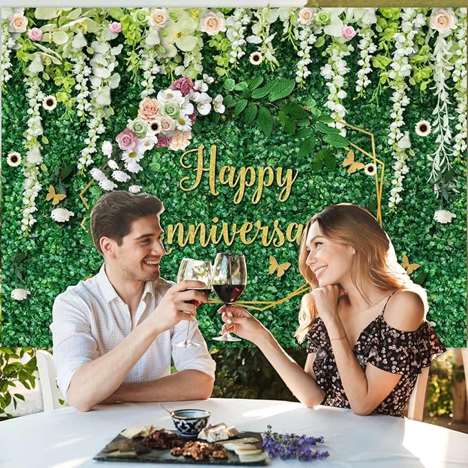 Sensfun Happy Anniversary Backdrop Green Grass Floral Banner Cheers to Wedding Anniversary Party Decorations Marriage Memorial Portrait Photo Booth Background 8x6ft