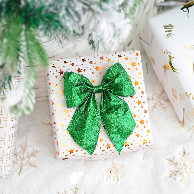 AIMUDI Green Glitter Wired Ribbon Bows with Twist Tie 5.5" Premade Metallic Christmas Bows for Gift Wrapping, Wreath, Garland, Holiday Crafts Party Home Outdoor Christmas Tree Decorations, 12 PCs