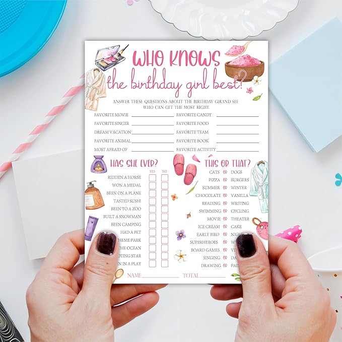 6"X8" Who Knows The Birthday Girl Best - Watercolor Slumber Accessories - Funny Double-Sided 3-in-1 Game Card Set For Girls Birthday Party, Sleepover Party Activities, Favor & Supplies (20Pcs)- A08