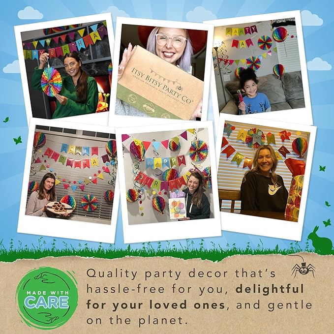 Premium Reusable Happy Birthday Decorations - Colorful Rainbow Birthday Decorations for Kids, Women, and Men - Multi-occasion Banner, Pennant Banner, Paper Fans - Party Decor by Itsy Bitsy Party Co