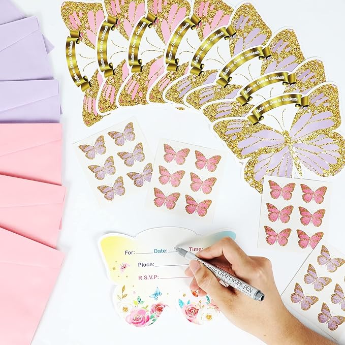 Qyeahkj 36pcs Butterfly Birthday Invitations for Girls with Envelopes Stickers Cards Floral Butterfly Party Celebration Party Supplies Favors for Kids Boys Baby Shower Wedding Decorations