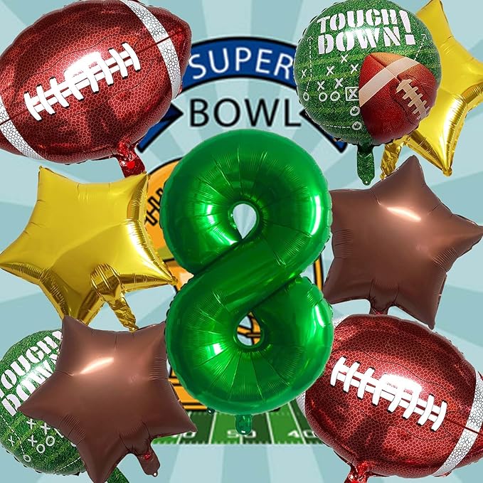 Football Balloons Foil Football Birthday Decorations Balloons Green Number 8 Balloon Gold Brown Star Touchdown Ballons for Rugby Birthday Decorations Sports Ballons Arch Kits Party Balloon Sets 9pcs