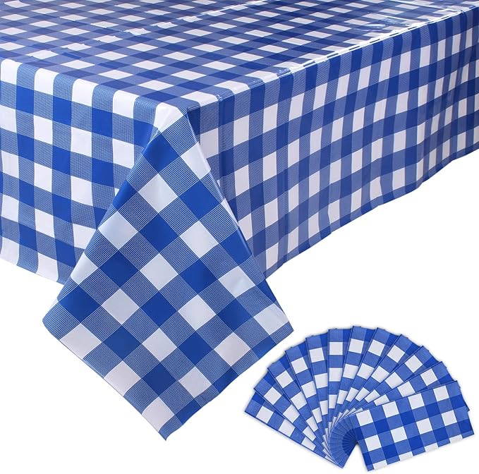 Kesfey 12 Packs Bule and White Checkered Tablecloths Party Picnic Disposable Table Covers 54 × 108 Inches Splashproof Plastic Checkered Gingham Tablecover for Outdoor Dinners Party Retro Celebrations