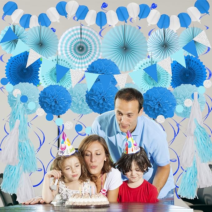 ZERODECO Party Decorations, 41 Pcs Blue Papar Fans Pompoms Garlands String Tissue Paper Tassel for Fiesta Home Bridal Baby Shower Wedding Boy Girl Birthday Party