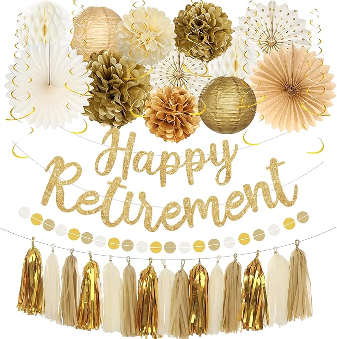 Roetyce Retirement Party Decorations Women Men, Gold Glitter Happy Retirement Banner Paper Fans Pompoms Kit, Office Retired Party Supplies for Coworker Friend, Funny Legend Has Retired Photo Backdrop