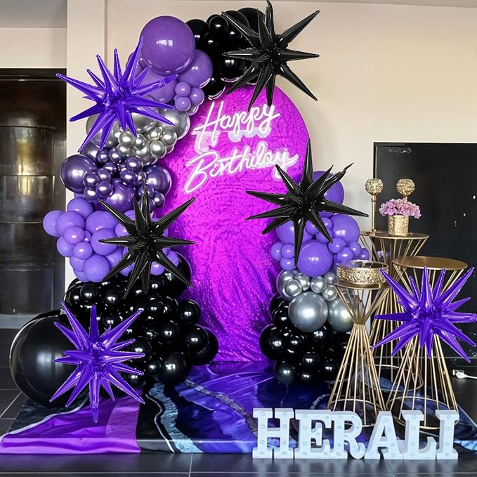 6PCS Purple Black Star Balloons, 22Inch Large Star Shaped Balloon Foil Spike Balloon Cone Balloons for Girls Women Birthday Graduation Halloween Party Decorations