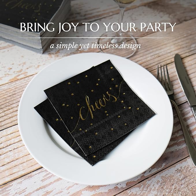 Black and Gold Cocktail Napkins - Pack of 50 Disposable Bar Napkins - Wedding Baby Shower Birthday Graduation Dessert - 3 Ply - By Simple-Glee