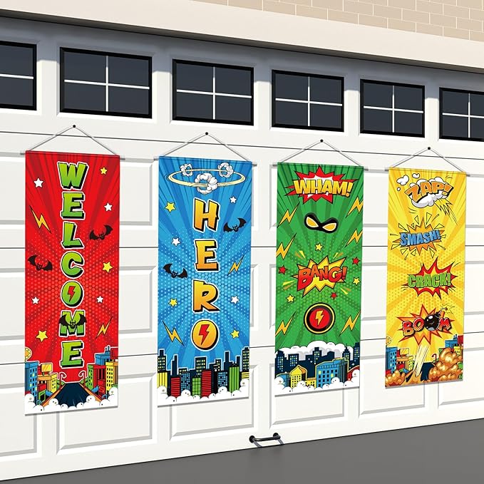 Panelee 4 Pcs Hero Theme Party Banners Hero Party Decorations City Comic Skyline Porch Sign Hanging Door Banner for Cityscape Birthday Backdrop Supplies