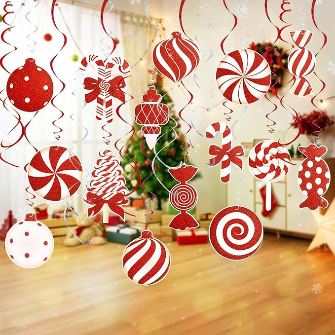 Candy Cane Christmas Party Decorations - 20pcs Red Candy Cane Lollipop Peppermint Christmas Hanging Swirls Decorations for Xmas Home Candyland Winter Holiday Party Decor Supplies