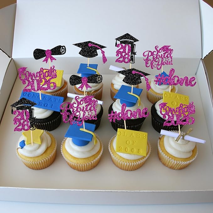Gyufise 24Pcs Graduation Cupcake Toppers 2026 Purple Glitter Class of 2026 Cupcake Toppers So Proud of You Congrats Grad Cap Diploma Cupcake Picks for Graduation Party Decorations
