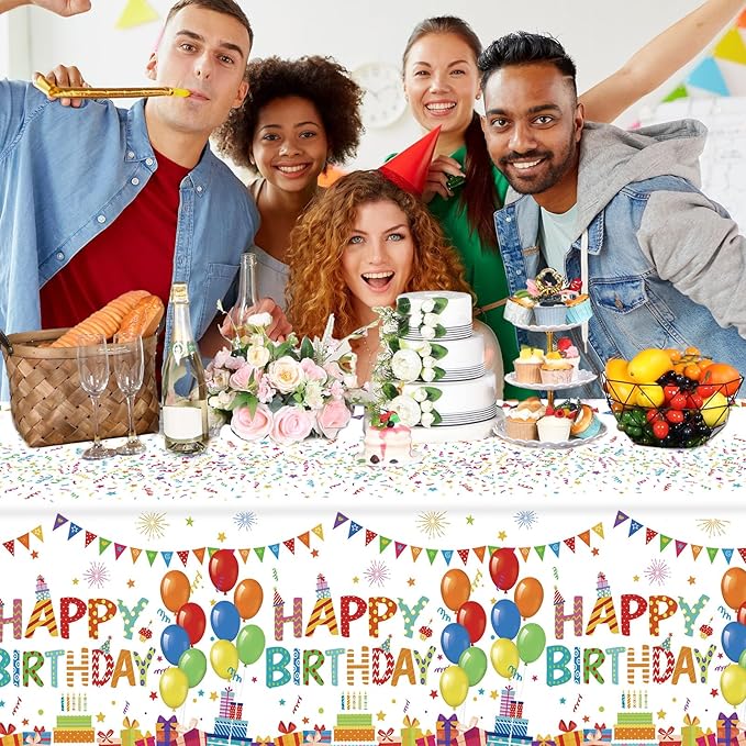 4 Pcs Happy Birthday Tablecloth 54'' x 108'' Disposable Birthday Table Cover Plastic Colorful Balloons for Kid Boy Girl Party Decoration Supplies(White)